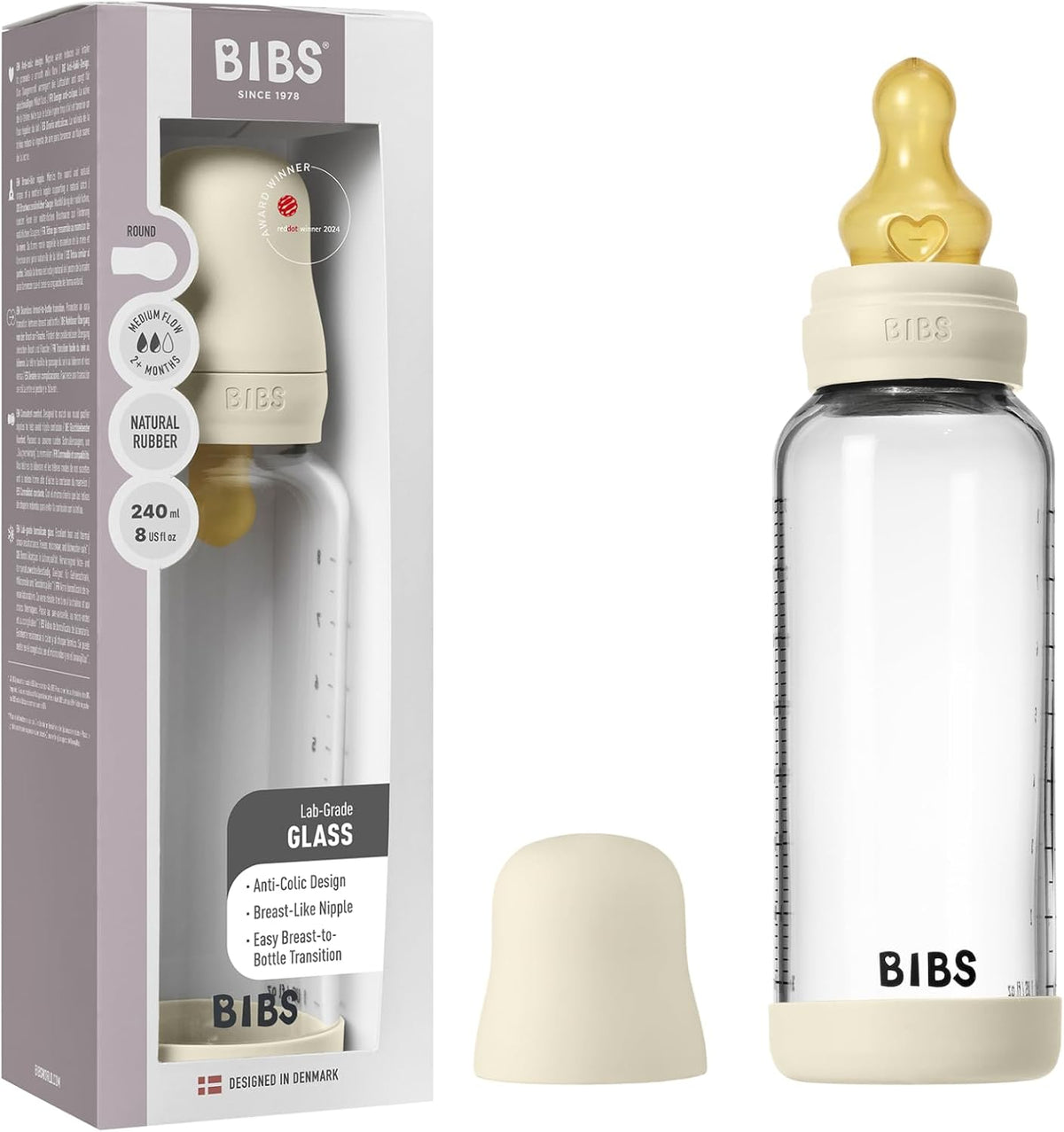 Baby Glass Bottle Round 1 Pack Latex 240ml Medium Flow