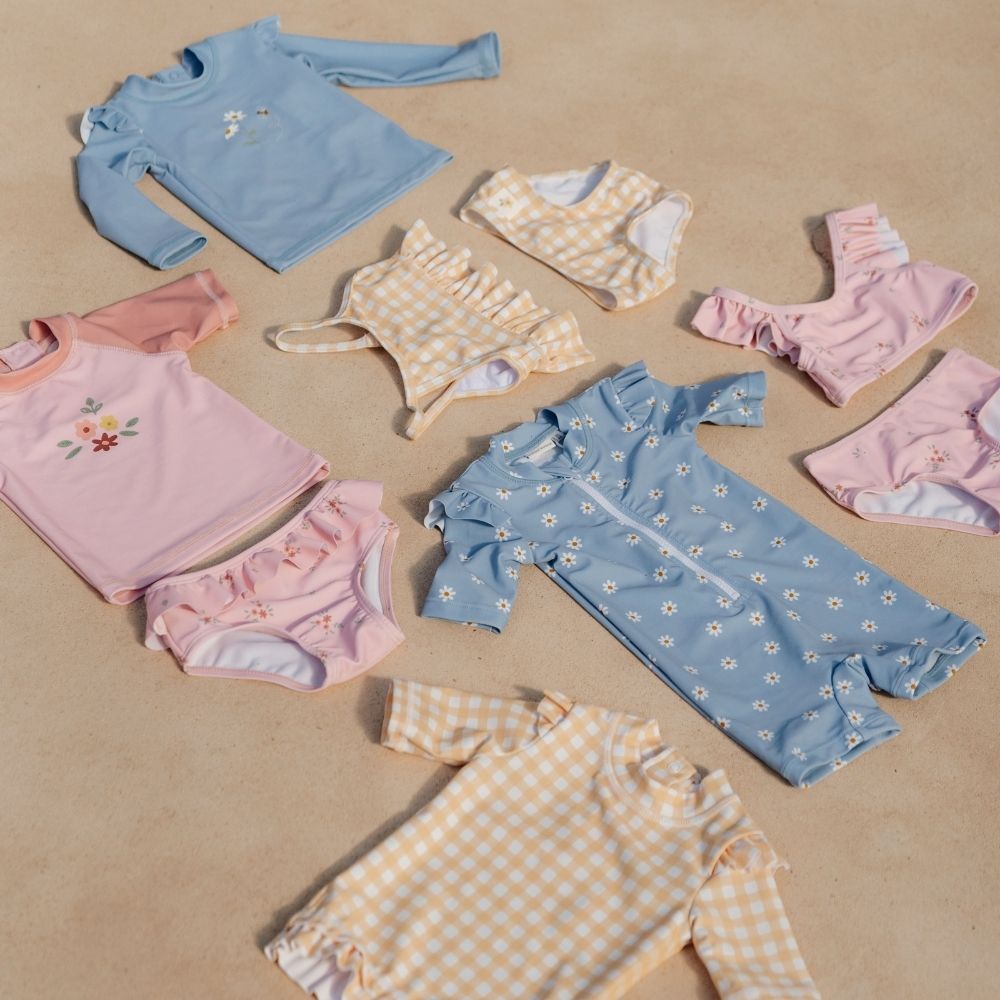 Swim T-shirt Long Sleeves Ruffles Blue Daisies