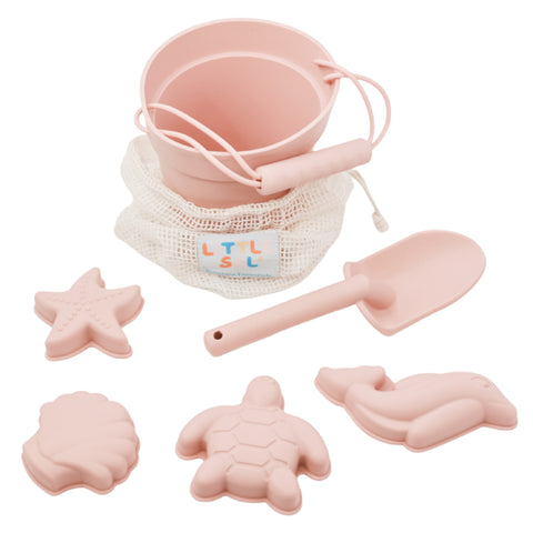 LITTLE SOL+ | Silicone Beach Bucket and Spade 6 Pc Set | Pink Sand