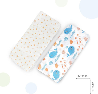 Whale Swaddle Wrap - Pack of 2 | Super Ultra Soft Cotton Malmal Baby Swaddle Cloth | Soft Pure Cotton Sheets Baby Wrap Set for New Born Babies | New Born Swaddles