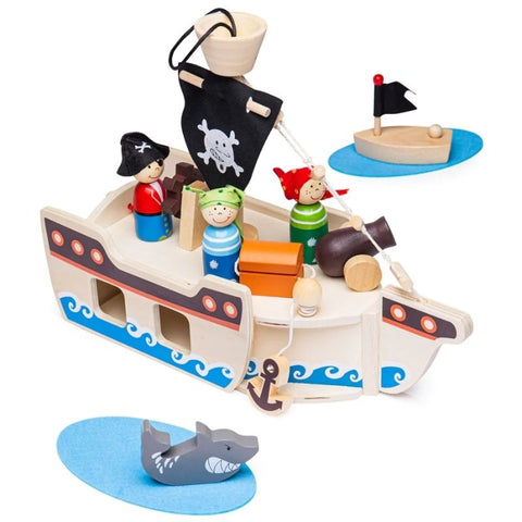Bigjigs | Mini Pirate Ship Playset | Kids Wooden Toys 