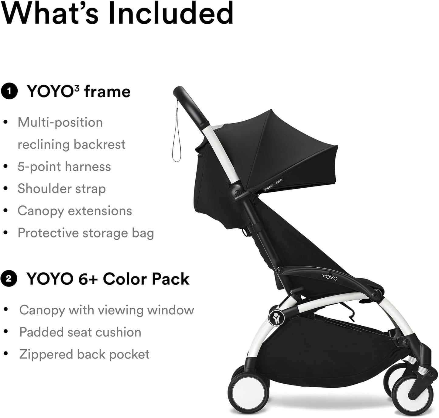 YOYO3 Full Stroller with White Frame & 6+ Color Pack