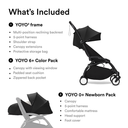 YOYO3 Full Stroller with Black Frame, 0+ Newborn and 6+ Color Pack