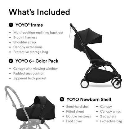 YOYO3 Full Stroller with Black Frame, Newborn Shell and 6+ Color Pack