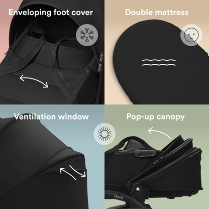 YOYO3 Full Stroller with Black Frame, Newborn Shell and 6+ Color Pack