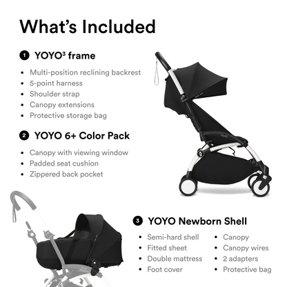 YOYO3 Full Stroller with White Frame, Newborn Shell and 6+ Color Pack