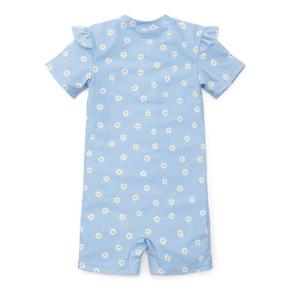 ملابس سباحة بأكمام قصيرة وكشكشة وزهور زرقاء