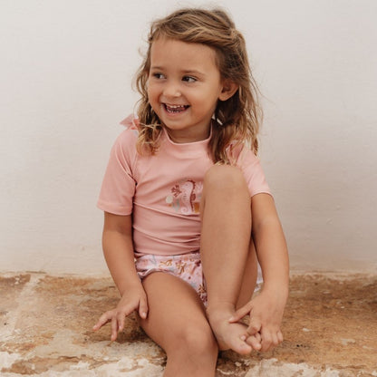 تي شيرت سباحة بأكمام قصيرة وكشكشة بلون فرس البحر الوردي