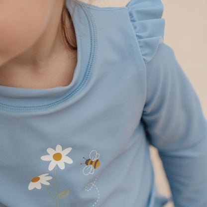Swim T-shirt Long Sleeves Ruffles Blue Daisies
