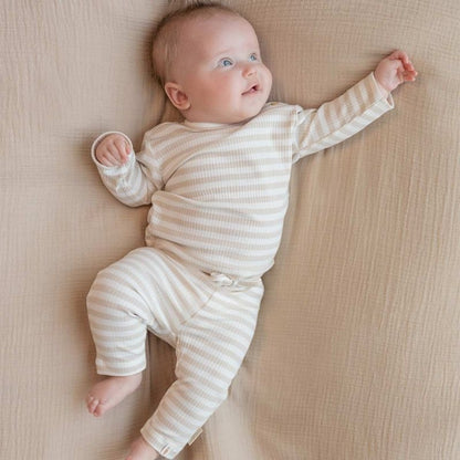 تي شيرت بأكمام طويلة - مخطط رملي / أبيض