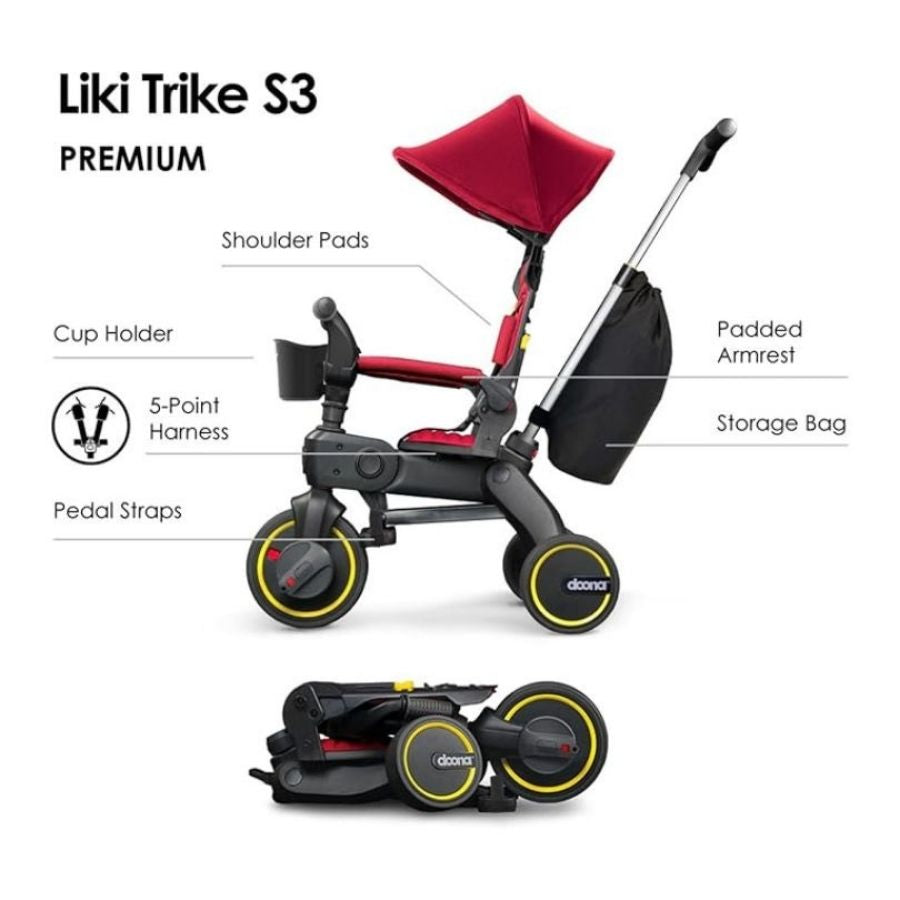دراجة ثلاثية العجلات Doona Liki Trike S3 المدمجة القابلة للطي - أحمر لهبي