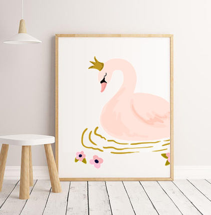 Sweet Pea - Pink Floral Swan  Wall Art Print - Sweet Pea Kids